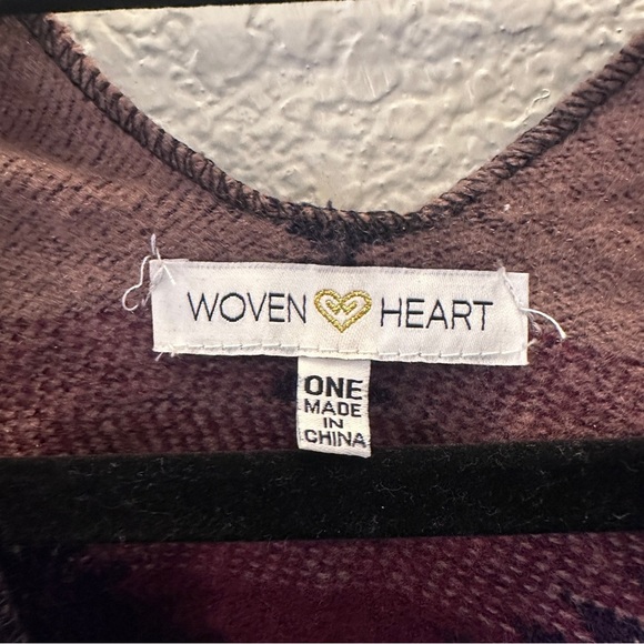 Woven Heart Plaid Fringe Poncho Wrap Boho Cozy Blanket Shawl One Size Winter - Picture 2 of 7